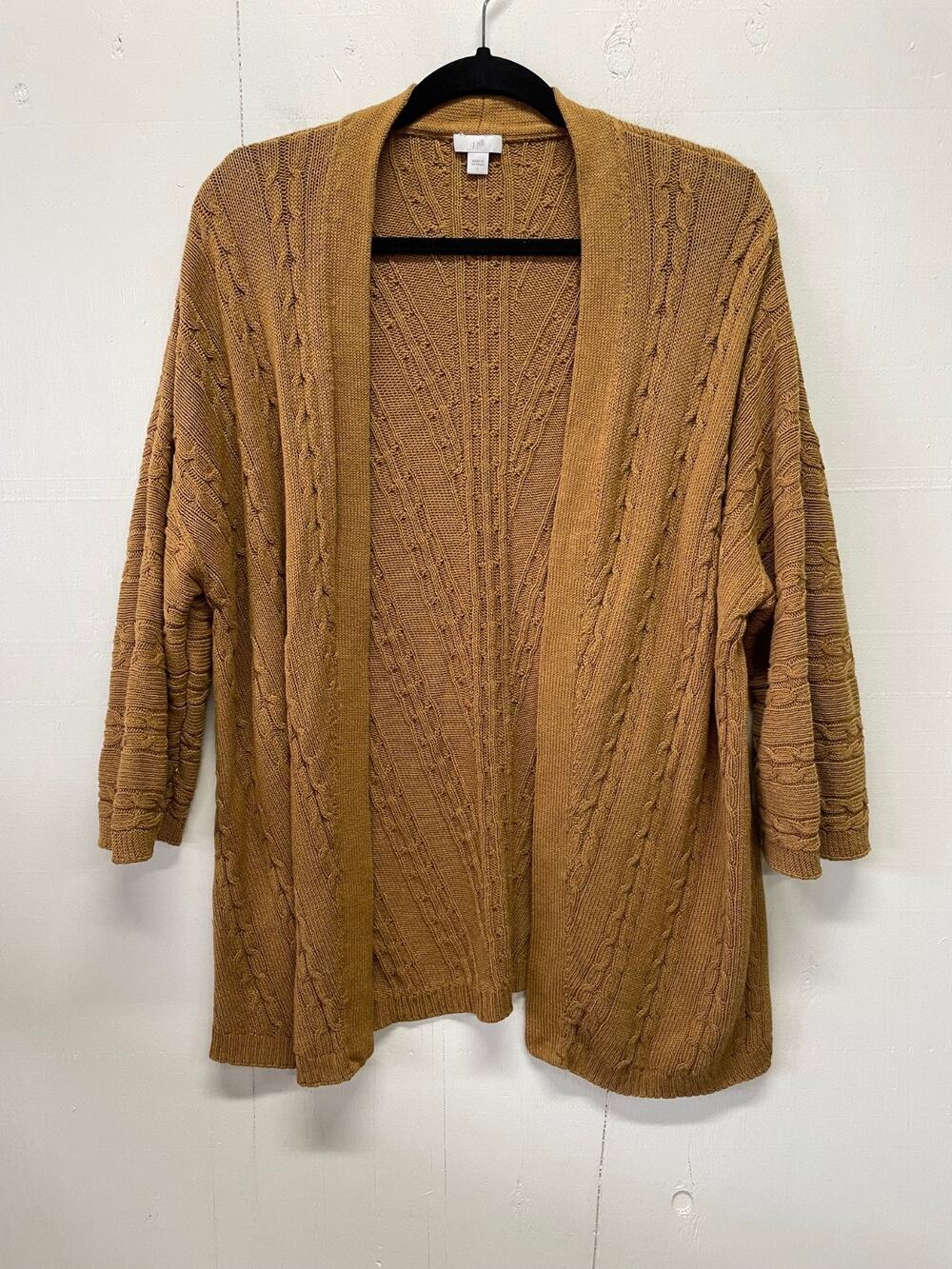 J Jill Womens Large Open Front Cable Knit Cardigan Sweater Camel Yellow Layering